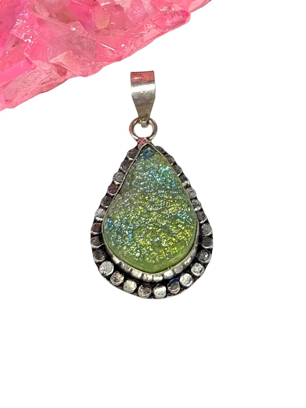 Green Titanium Druzy Necklace Pendant 925 Sterling Silver Overlay